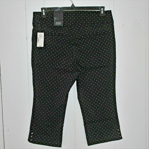 Womens Large New Capris Cropped Pants Smoothing Black White Polka Dot Stretch - Picture 3 of 7